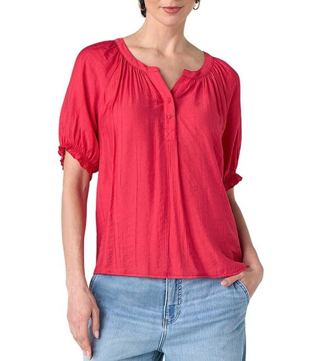 NEW Liverpool Blouse Top Red Puff Sleeve Henley Button Textured Size M